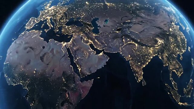 A beautiful view of a generic planet with city lights at night in outer space