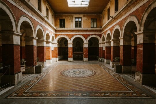 Interior courtyard with arched colonnades and mosaic floor in a historic building