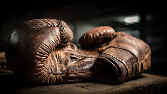 A pair of well-worn vintage leather boxing gloves with aged stitching displayed indoors