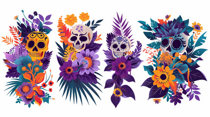 Naklejka premium Four colorful sugar skull floral arrangements, facing forward on white background