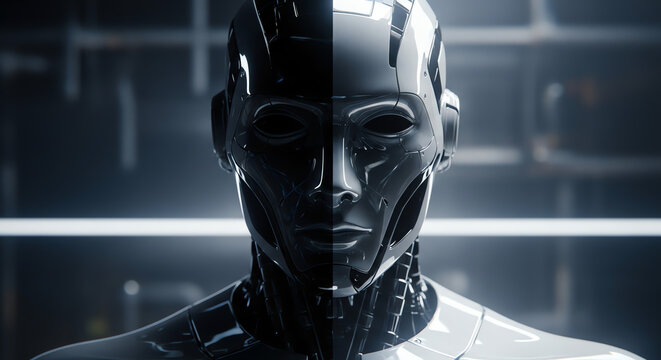 Robot head portrait with contrasting light