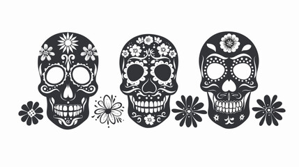 Obraz premium Three sugar skulls decorated with floral patterns and flower accents on white