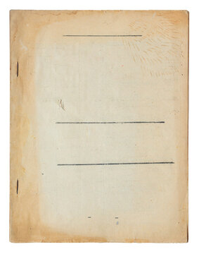 Aged old beige paper folder cover with staple holes and ruled lines isolated on white