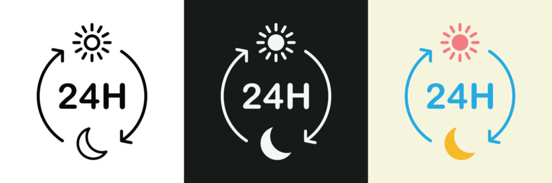 24 Hours Day and Night Service Icon Vector Set with Sun and Moon