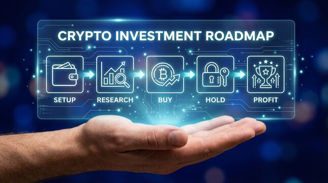 A hand holding a digital crypto investment roadmap with icons for setup, research, buy, hold, and profit