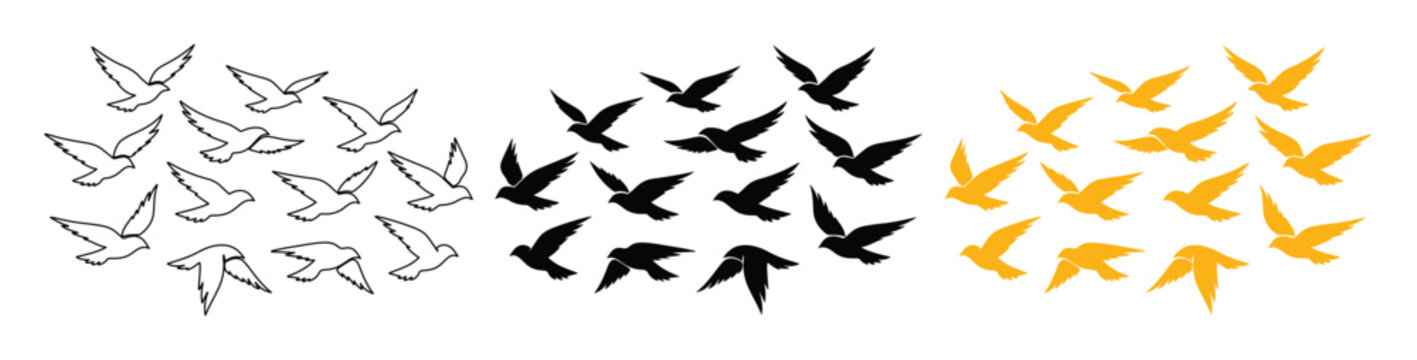 Minimalist flying birds silhouettes, flock of pigeons in black and gold vector set, simple bird outline icons for logo design and wall art