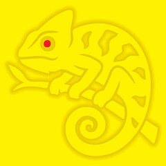 Fototapeta premium Golden embossed chameleon with glowing red eye on yellow.
