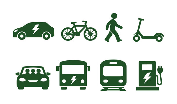 Green transportation vector icons, sustainable urban mobility symbols, eco-friendly electric vehicles, public transit, and active travel set for environmental projects