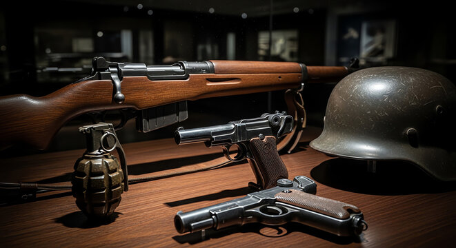 Vintage military equipment on wooden surface
