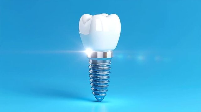 A close-up view of a generic tooth implant on a vibrant, solid, blue background