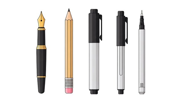 Set of writing tools including fountain pen, pencil, markers and technical pen isolated on white background.