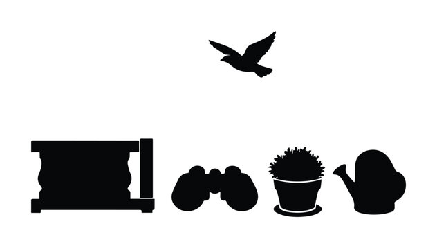 Iconos de naturaleza y aire libre, siluetas vectoriales minimalistas de p&aacute;jaro, binoculares, maceta y regadera, elementos gr&aacute;ficos para dise&ntilde;o de aventura y jardiner&iacute;a