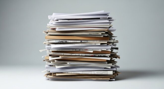 A stack of papers and documents, piled high and organized, against a plain background.