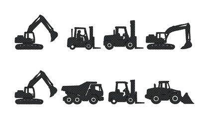Heavy construction machinery silhouette set, industrial excavator and forklift vector icons, 8 black transport vehicle elements for logistics and building © Kuch_Bhi