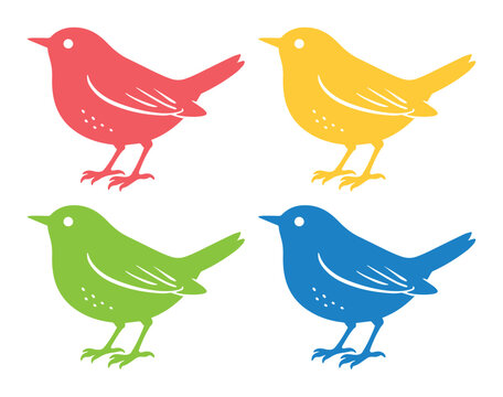 Conjunto de cuatro p&aacute;jaros coloridos en estilo silueta, dise&ntilde;o vectorial plano y vibrante de aves, ideal para proyectos de naturaleza y primavera
