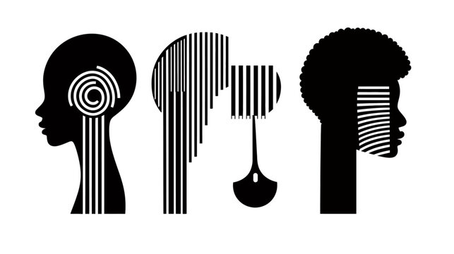 Black and white graphic of three profile portraits with geometric patterns
