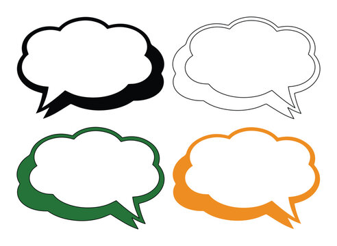 Conjunto de cuatro burbujas de di&aacute;logo vectoriales, iconos de bocadillos de conversaci&oacute;n en blanco, elementos gr&aacute;ficos para comunicaci&oacute;n y mensajer&iacute;a, dise&ntilde;o de interfaz de usuario y web.