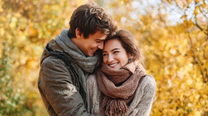 Fototapeta premium The happy couple are in a loving embrace while spending an autumn day together outdoors.