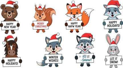 Cute Christmas Animal Illustration Set with Bear, Fox, Raccoon, Rabbit, Horse Wearing Santa Hats and Holiday Greetings in Cartoon Style © Jisan