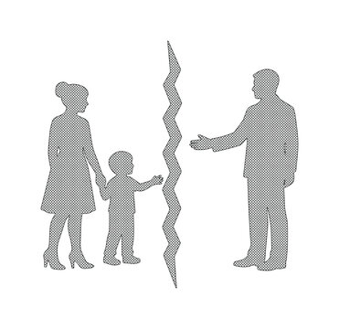 Siluetas vectoriales de familia en conflicto, separaci&oacute;n de pareja con hijo, concepto de divorcio y custodia, ilustraci&oacute;n de problemas matrimoniales y relaciones rotas