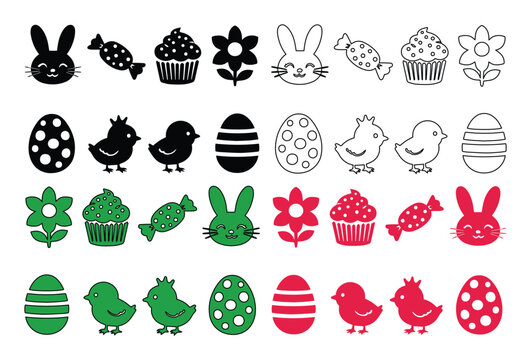 Conjunto de iconos de Pascua, colecci&oacute;n de elementos festivos de primavera, s&iacute;mbolos de celebraci&oacute;n de conejos, huevos y dulces en vectores