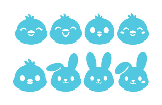 Lindos iconos de Pascua, colecci&oacute;n de siluetas de animales de primavera, adorables pollitos y conejos azules, dise&ntilde;o vectorial plano para celebraciones infantiles y tarjetas de felicitaci&oacute;n