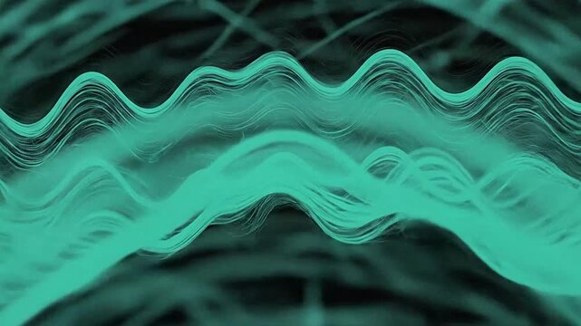 Abstract turquoise lines flow across a black background, creating a dynamic visual effect
