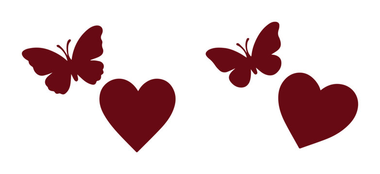 Mariposas y corazones, dos vectores de amor y libertad en tonos granate. Ilustraci&oacute;n rom&aacute;ntica para dise&ntilde;o gr&aacute;fico, tarjetas y decoraci&oacute;n.
