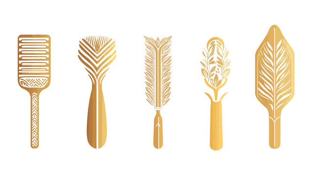 A collection of five abstract golden decorative elements, against a stark white backdrop