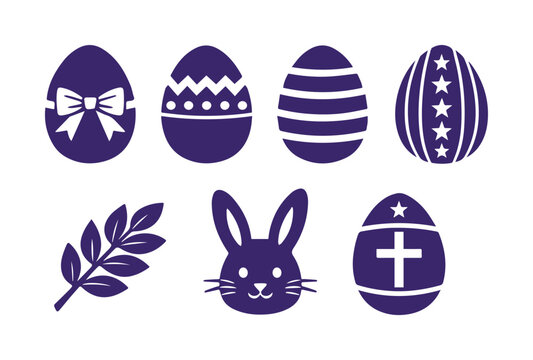 Iconos vectoriales de Pascua, colecci&oacute;n de huevos de Pascua decorados y conejo, s&iacute;mbolos religiosos y de primavera, dise&ntilde;o plano y moderno para celebraciones festivas.