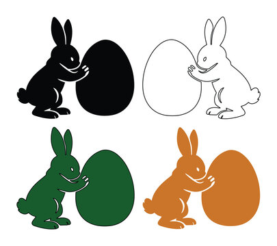 Conejo de Pascua empujando huevo, silueta de liebre festiva, ilustraci&oacute;n vectorial de conejito de primavera, dise&ntilde;o gr&aacute;fico de animales para celebraciones de Pascua