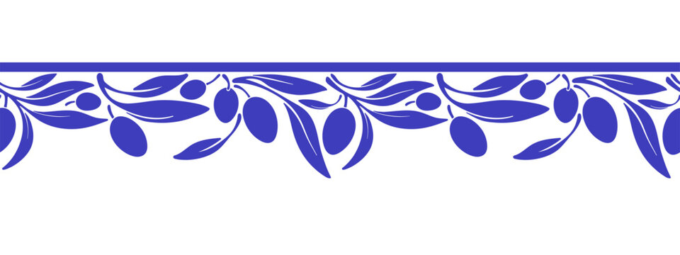 Greek olive endless pattern. Vector ornamental geometric border. Classic mediterranean repeat decor for italy design, nature wallpaper in minimalist silhouette style.