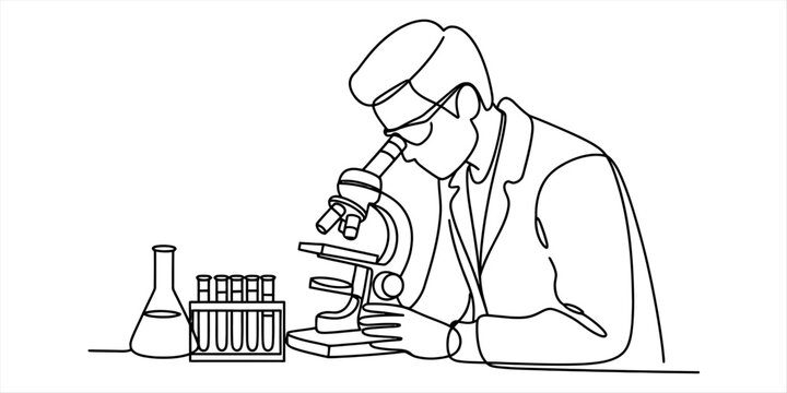 Continuous line drawing of a scientist looking through a microscope in a laboratory Vector, illustration