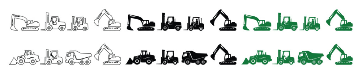 Construction Vehicle Icon Set, 24 Outline and Solid Vector Icons, Heavy Equipment, Excavators, Dump Trucks, and Bulldozers for Industrial and Engineering Projects © Haseeb's Work