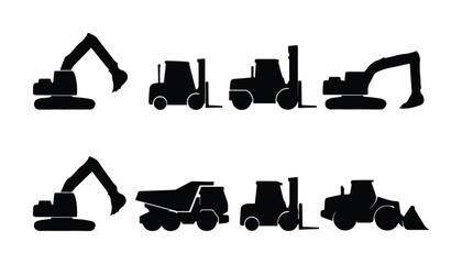 Heavy construction machinery vector icons, industrial equipment silhouettes, black diggers and forklifts, essential building site vehicles for engineering and development projects © Haseeb's Work