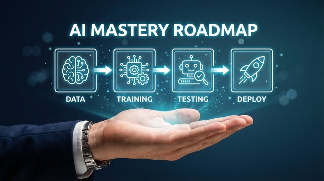 A hand holding a glowing AI roadmap with data, training, testing, and deploy stages