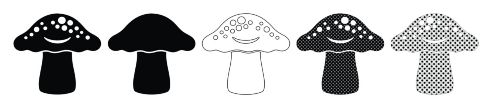 Set de 5 iconos de hongos vectoriales, dise&ntilde;o minimalista monocrom&aacute;tico, siluetas de setas sonrientes en blanco y negro, elementos gr&aacute;ficos para interfaces de usuario y decoraci&oacute;n digital.