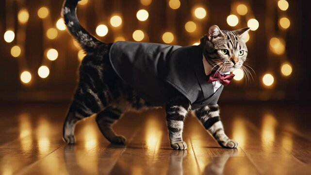 Cat in suit and bow tie on wooden floor for commercial backgrounds, digital design, and advertising