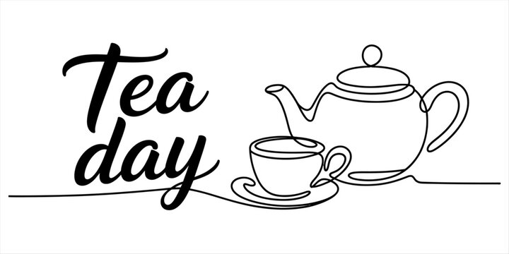 Continuous line drawing of a teapot and teacup with tea day text on white background Vector, illustration