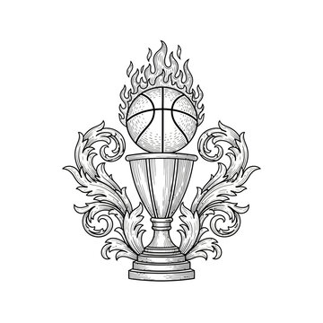 Flaming Basketball Trophy with Ornate Scrollwork Emblem, Victory Symbol