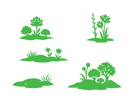 Siluetas vectoriales de plantas y arbustos, elementos de vegetaci&oacute;n verde para dise&ntilde;o ecol&oacute;gico, ilustraciones de flora natural para paisajes y jardines.