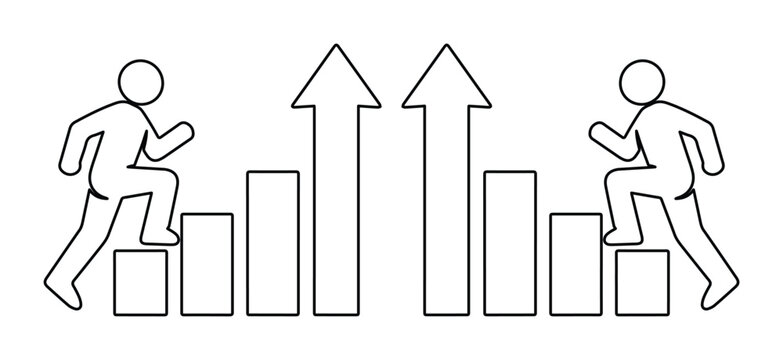 Icono de progreso y &eacute;xito, personas subiendo escaleras de crecimiento, gr&aacute;fico de barras ascendente, concepto de superaci&oacute;n personal y desarrollo profesional