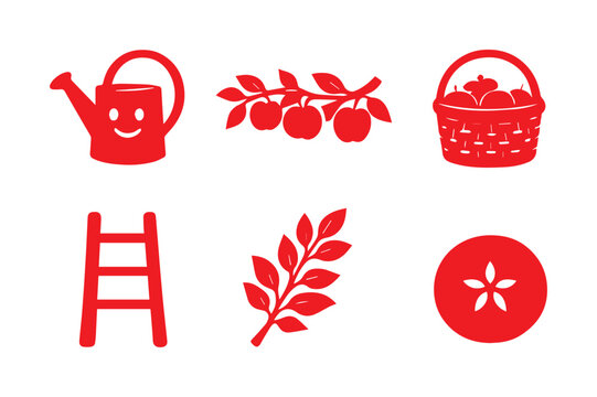 Iconos de cosecha de manzanas, conjunto de vectores planos rojos, elementos esenciales de jardiner&iacute;a y agricultura, dise&ntilde;o gr&aacute;fico moderno para proyectos de temporada