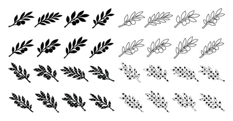 Olive branch vector set, 20 black and white olive tree sprigs, minimalist botanical illustrations, natural food and Mediterranean design elements © Farzana