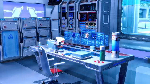 Futuristic chemistry laboratory interior with biotech equipment, clean blue research facility, 4K background, P1