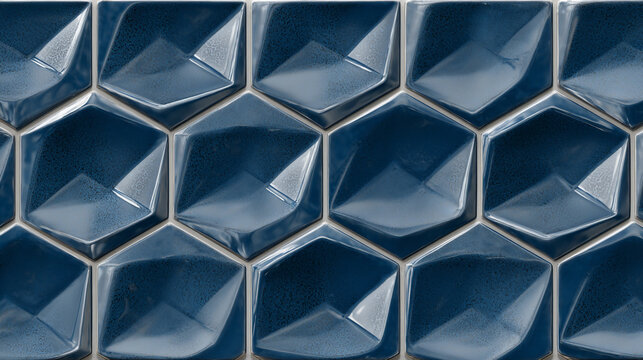 deep blue faceted hexagonal tiles with textured surfaces