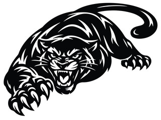 Obraz premium Print Aggressive Black Panther Attack Vector Logo – Fierce Wild Cat Mascot Illustration, Bold Monochrome Animal Design Isolated on white Background
