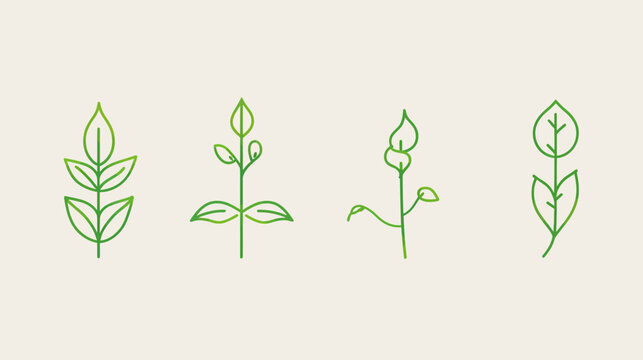Four green stylized plants with stems and leaves against a beige background