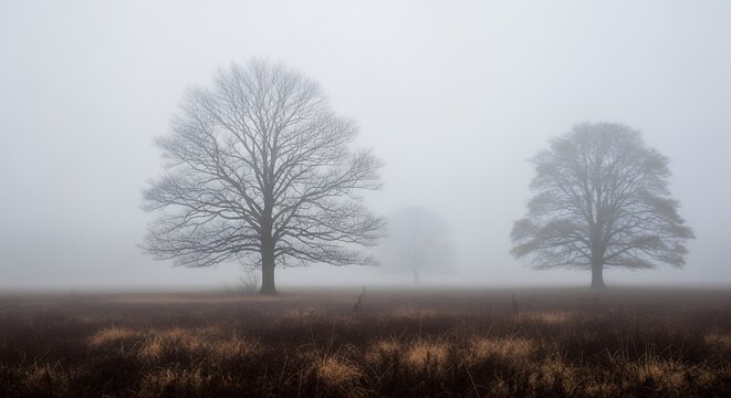 Minimalist Winter Landscape with Bare Deciduous Trees in Dense Morning Fog and Mist
