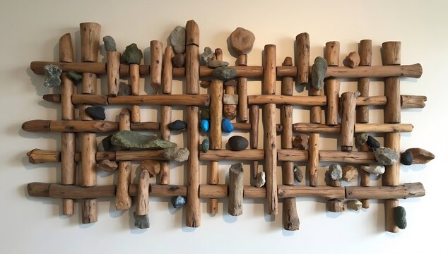 Unique Driftwood Wall Art Sculpture with Natural Elements.